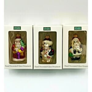 Holiday Santa Snowman Home Glass Hanging Ornaments Hand Painted Lot of 3